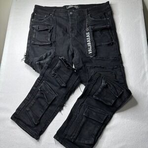 VALABASAS Mens 42 Black Cargo Jeans Distressed Multi Pocket Slim Fit Denim Pants